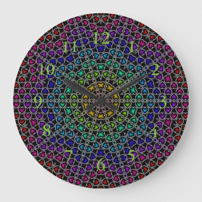 Relógio Grande Rainbow Kaleidoscope Hearts Pattern Wall Clock (Frente)