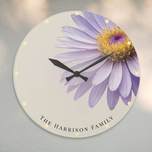 Relógio Grande Ramo de Áster Roxo Floral Botânico Personalizado