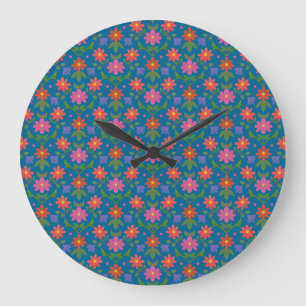 Relógio Grande Rangoli Flores Bolinhas Blue Round Wall Clock