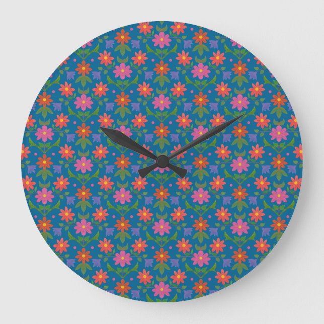 Relógio Grande Rangoli Flores Bolinhas Blue Round Wall Clock (Frente)