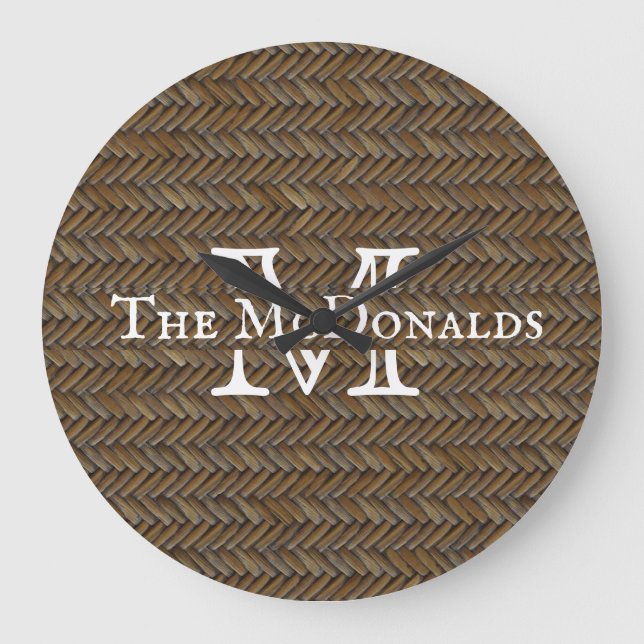 Relógio Grande Rattan Wicker Boho Monograma Basketweave   (Frente)