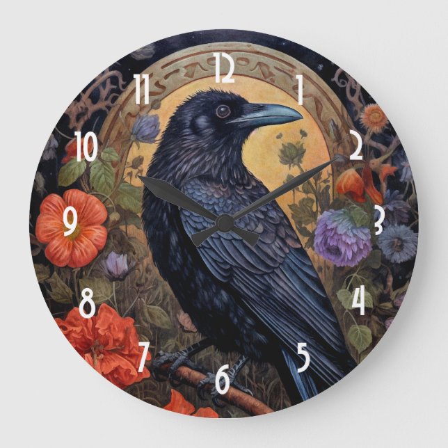 Relógio Grande Raven Preto com Design Gótico Flores (Frente)