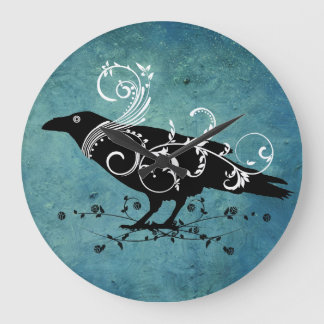 Relógio Grande Raven & Swirls Teal Wall Clock