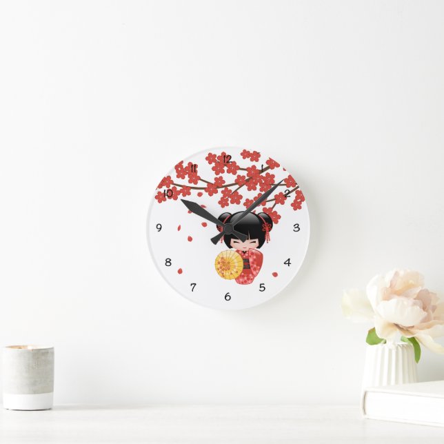 Relógio Grande Red Sakura Kokeshi Doll - Geisha Japonês (Lar)