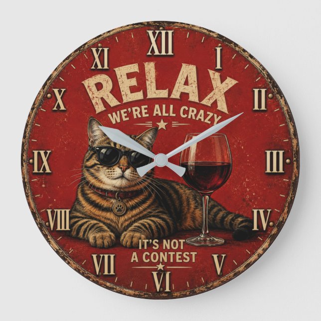 Relógio Grande Relax We're All Crazy Funny Cat and Wine (Frente)