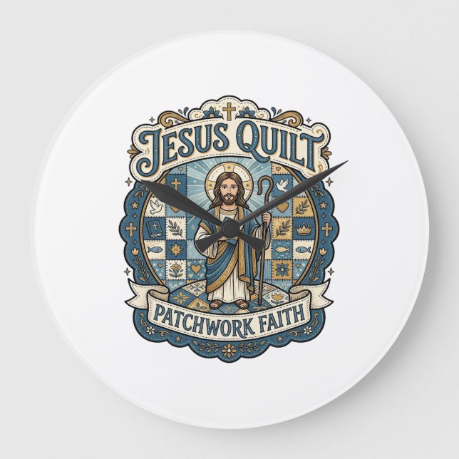 Relógio Grande Remendo de Colcha de Jesus Fé Patchwork Jesus Colc (Frente)