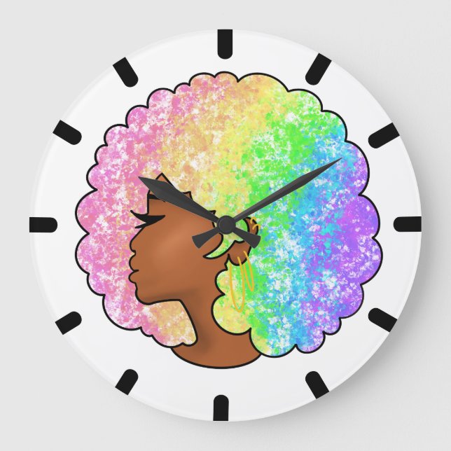 Relógio Grande Retrato Afro Arco-Íris Pastel Groovy Retro Cabelo  (Frente)