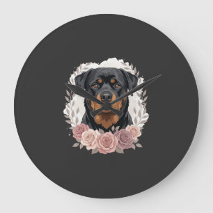 Relógio Grande Retrato de Cachorro Rottweiler Floral Sublimação