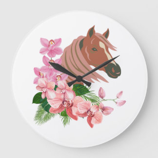 Relógio Grande Retrato de cavalos com floração de orquídeas