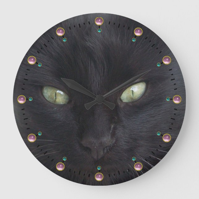 Relógio Grande RETRATO DE GATO PRETO COM OLHOS EMERALDADOS,Gemsto (Frente)