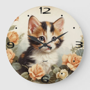 Relógio Grande Retrato Fofo de Gatinho Malhado Vintage Flores Doc