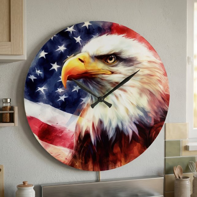 Relógio Grande Retrato Majestoso de Águia Careca com Bandeira Ame (Majestic Bald Eagle Portrait with American Flag. Large Clock )