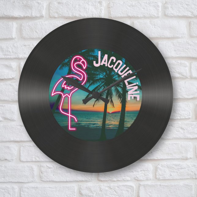 Relógio Grande Retro 80s Music Record Tropical Neon Flamingo (Criador carregado)