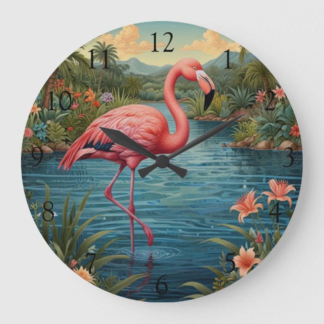 Relógio Grande Retro-boho rosa-flamingo (Frente)