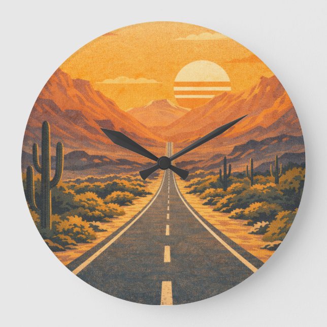 Relógio Grande Retro Desert Highway Sunset Landscape Clock (Frente)