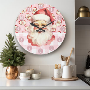 Relógio Grande Retro Papai Noel Xadrez Rosa e Branco de Natal