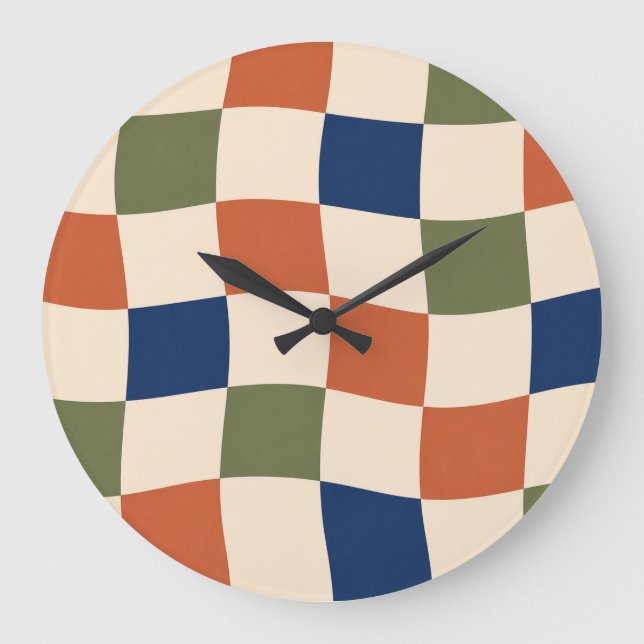 Relógio Grande Retro Wavy Checkerboard 70s Aesthetic Clock (Frente)