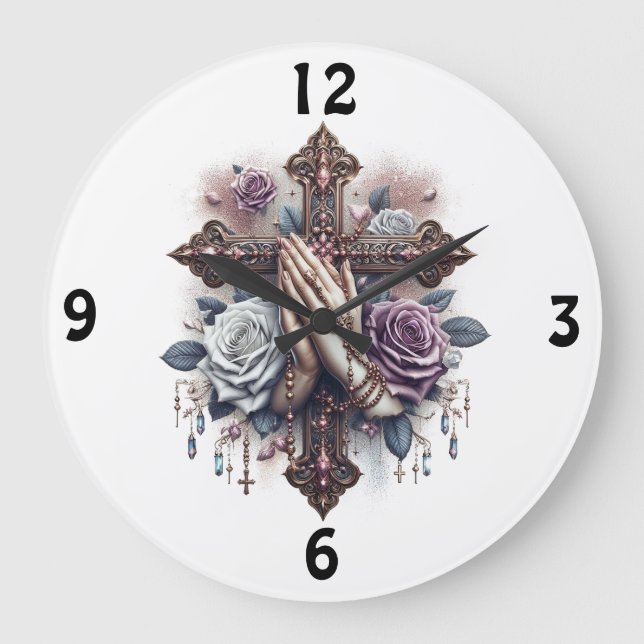 Relógio Grande Rezando Mãos com Rosery, Cross, Rosas (Frente)
