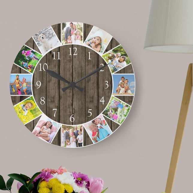 Relógio Grande Rodada 12 Folha de Fotos - Madeira Escura Rústica (Photo clock with 12 photos, one at each hour. Great design for your home or a thoughtful photo gift.)