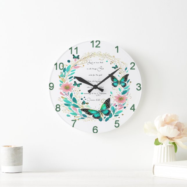Relógio Grande Romanos 8:28 Flores e borboletas (Lar)