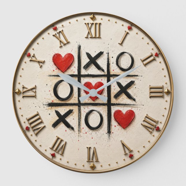 Relógio Grande Romantic Tic Tac Toe Hearts  (Frente)