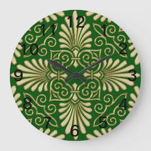 Relógio Grande Romântica Retro Art Deco Damask Green Dourado 01