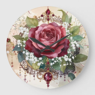 Relógio Grande Romântica Vitoriana Elegante Rosa Vermelha e Rubis