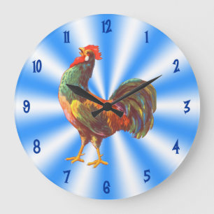 Relógio Grande Rooster Vintage Art em Blue White Kitchen Clock