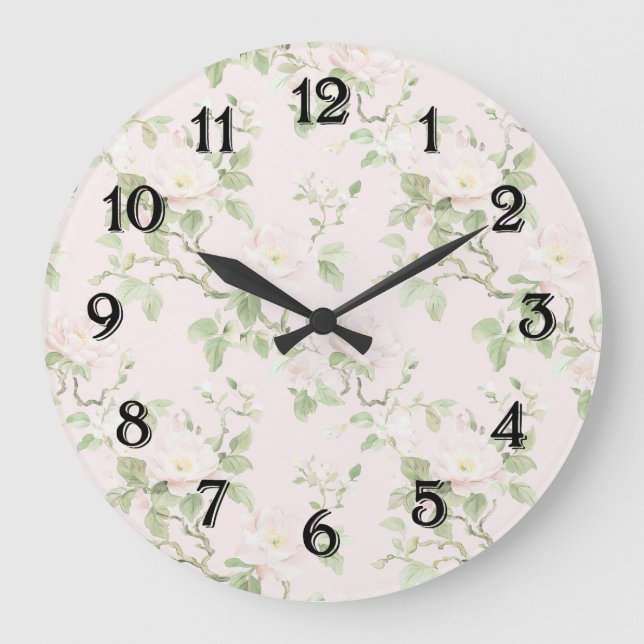 Relógio Grande Rosa Cor-de-Rosa Branco Floral Romântico (Frente)