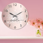 Relógio Grande Rosa dourado dourado dourado dourado dó de pó de m<br><div class="desc">Um fundo metálico falso de rosa dourado, decorado com pó falso de prata. Personalize e adicione o seu nome escrito com um script de estilo alfanumérico com letra de tendência com alternâncias. Para manter as hastes, exclua apenas o nome da amostra, deixe os espaços ou emoji na frente e depois...</div>