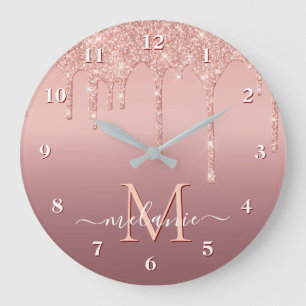 Relógio Grande Rosa Dourado Glitter Clock Nome e Letra Personaliz