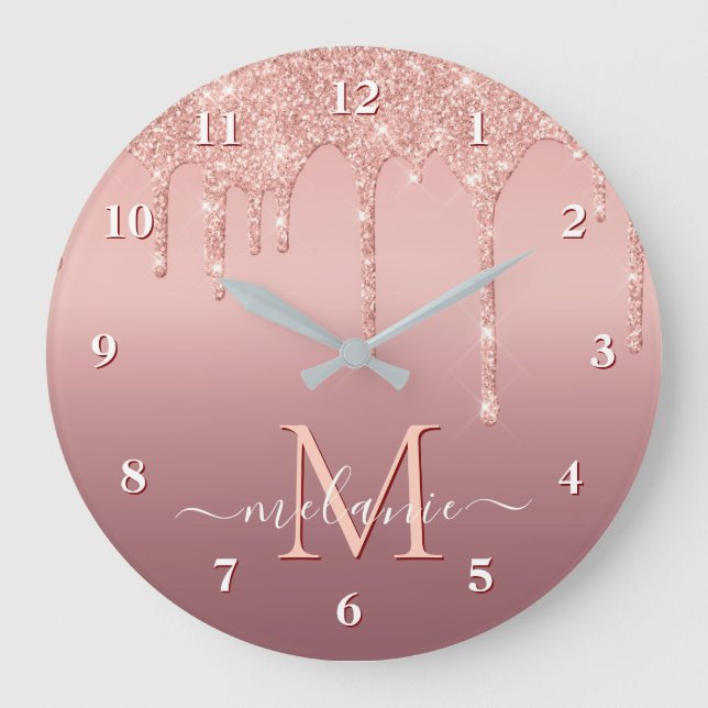 Relógio Grande Rosa Dourado Glitter Clock Nome e Letra Personaliz (Frente)