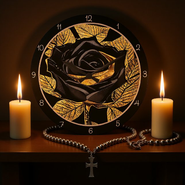 Relógio Grande Rosa Preta Elegante Dourada (Criador carregado)
