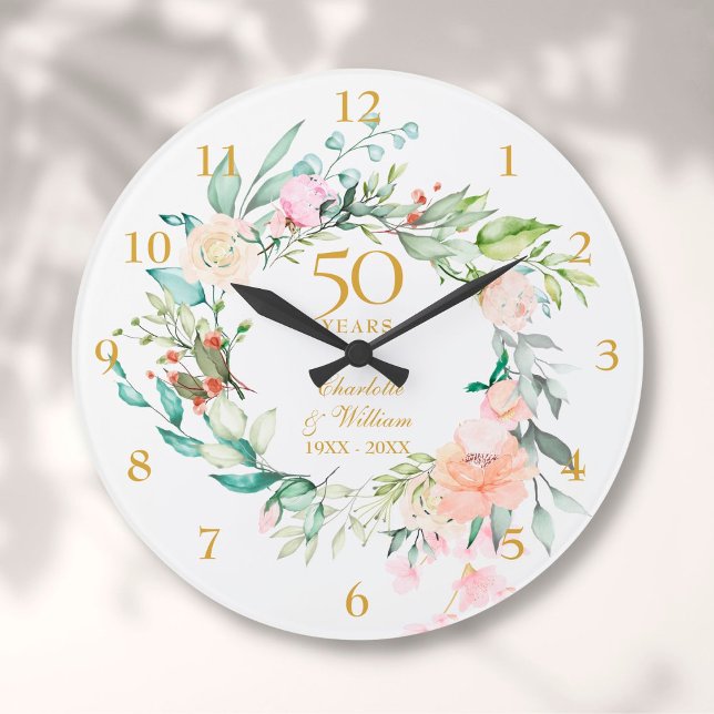 Relógio Grande Rosas de Aniversário de Bodas de Ouro 50º (50th Golden Wedding Anniversary Roses Floral Large Clock)