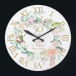 Relógio Grande rosas de aniversário de casamento do Ouro 50º Flor<br><div class="desc">Apresentando uma delicada camada floral de aquarela,  este relógio botânico de 50º aniversário de casamento pode ser personalizado com seus detalhes especiais de ouro em tipografia elegante. Projetado por Thisnotme©</div>