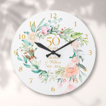 Relógio Grande rosas de aniversário de casamento do Ouro 50º Flor<br><div class="desc">Apresentando uma delicada camada floral de aquarela,  este relógio botânico de 50º aniversário de casamento pode ser personalizado com seus detalhes especiais de ouro em tipografia elegante. Projetado por Thisnotme©</div>