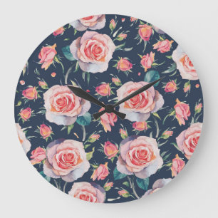 Relógio Grande Rosas e Rosebuds: Floral Sem Costura.