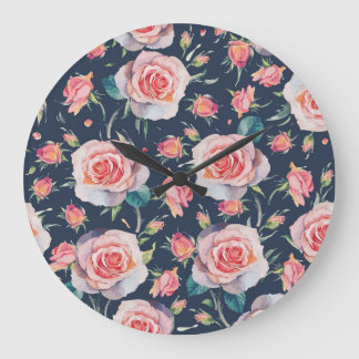 Relógio Grande Rosas e Rosebuds: Floral Sem Costura.