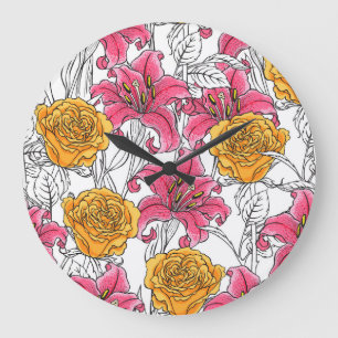 Relógio Grande Rosas Lírios Padrão Desenho Da Mão