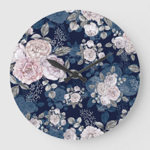 Relógio Grande Rosas Rosa Azul Escuro: Vintage