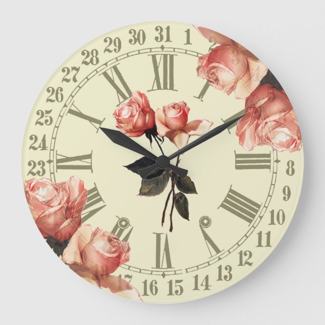 Relógio Grande Rosas Vintage Ephemera Large Clock (Frente)