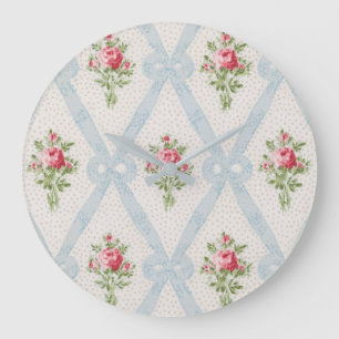 Relógio Grande Rosas Vitorianas Rosa com Fita Azul