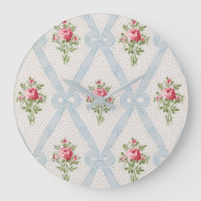 Relógio Grande Rosas Vitorianas Rosa com Fita Azul (Frente)