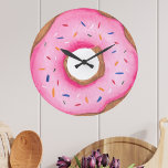 Relógio Grande Rosquinha de Aquarela Cor-de-Rosa-Cons<br><div class="desc">Este relógio de parede divertido é decorado com uma rosquinha cor-de-água rosa com aspersores. O presente perfeito para um amante rosquinha! Original Watercolor © Michele Davies.</div>