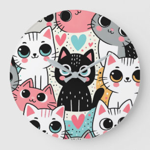 Relógio Grande Rostos de Gatos Kawaii Fofos e Corações Caprichoso