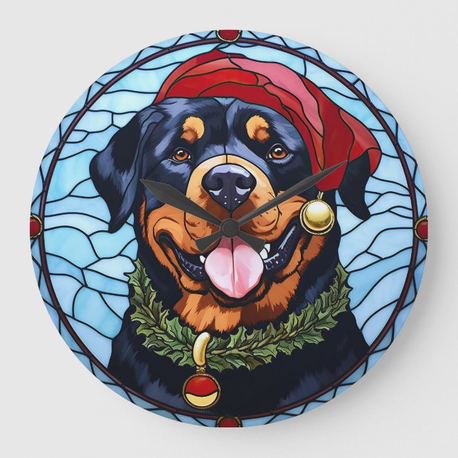 Relógio Grande Rottweiler Vidro Estido Natal (Frente)