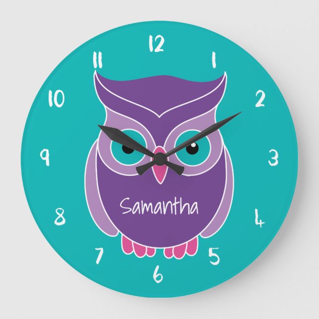 Relógio Grande Roxo Teal Owl Kids Personalizado Animal (Frente)