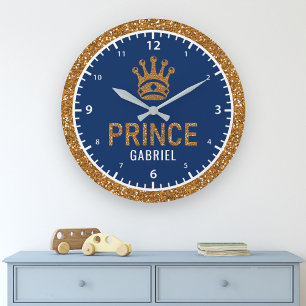 Relógio Grande Royal Prince Faux Dourado Glitter Crown Boys Room