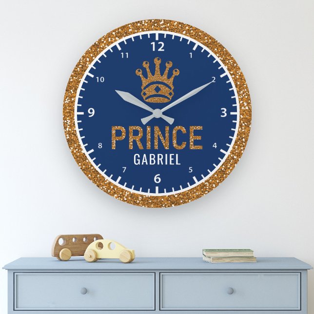 Relógio Grande Royal Prince Faux Dourado Glitter Crown Boys Room (Criador carregado)