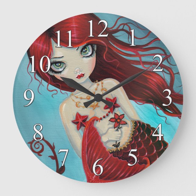 Relógio Grande Ruby Mermaid Fantasy Art Wall Clock (Frente)
